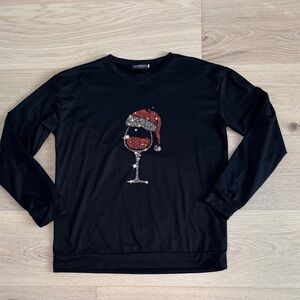 Black Holiday Long-sleeve Shirt with Red Wine & Santa Hat Design, size L
